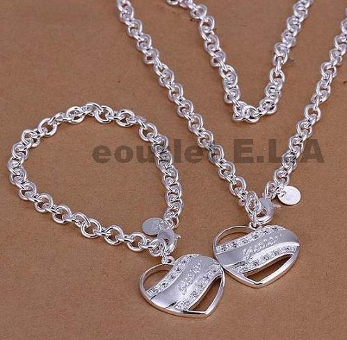 CRYSTAL HEART SILVER NECKLACE+BRACELET SET